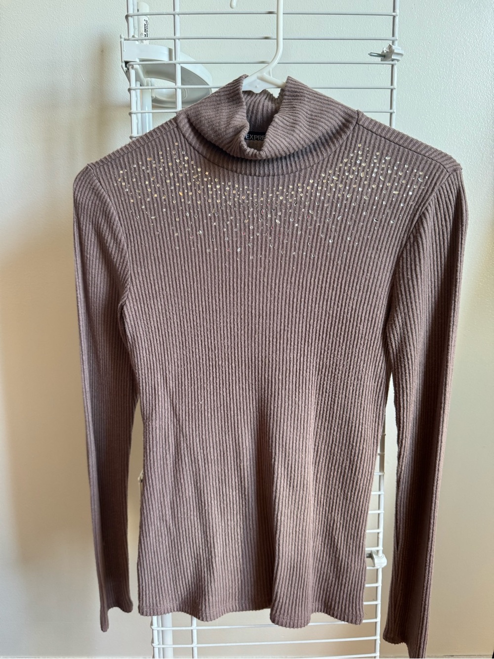 Express Taupe Ribbed Turtleneck Sweater with Beaded Chest